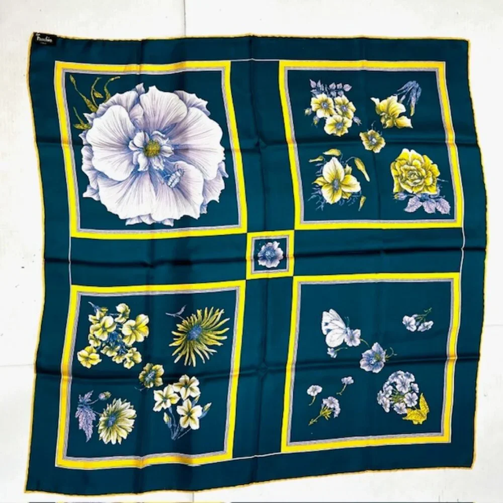 Unused Italy Scarf Franchino Silk Teal Blue Gold Purple Floral 31" x31" (23 - Picture 5 of 10